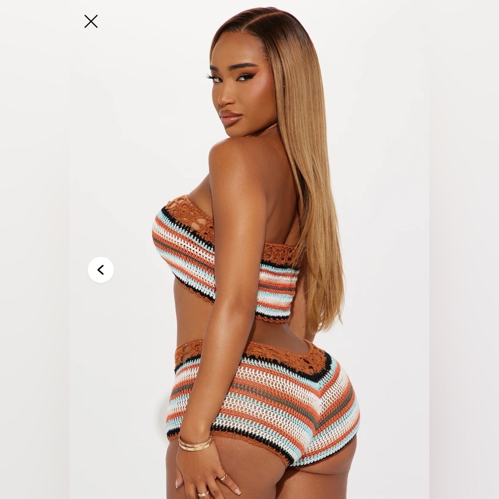 Crochet Two-Piece Tube Top & High-Waist Shorts Set - Rust Stripe - Picture 3 of 6